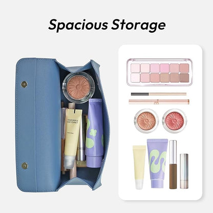 carrotez Stylish PU Leather Makeup Bag: Versatile Travel Toiletry Bag & Cosmetic Pouch, Small Makeup Organizer for Purse Essentials - Ideal Makeup Brush Holder & Sunglasses Case for Women - Soft Blue