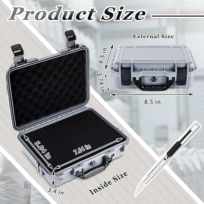 1 Pcs 8.5 x 6.5 x 3.7 Inch Waterproof Hard Case with DIY Customizable Foam Insert Portable Protective Case with Knife for Camera Drones Equipments Tools Test Instruments (Gray)