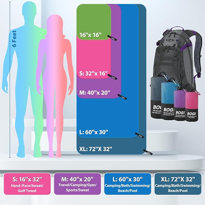 BOGI Microfiber Travel Sports Towel-Quick Dry Towel, Soft Lightweight Microfiber Camping Towel Absorbent Compact Travel Towel for Camping Gym Yoga Swimming Backpacking (XL:72''x32''+16''x16''-Hpink)