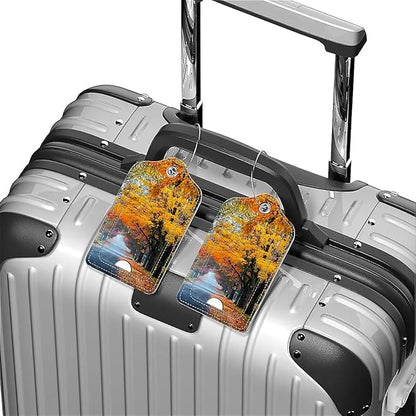 Funny PU Leather Luggage Tags 2-Pack Suitable for Suitcase Stainless Steel Loop and Address Card Essential with Cruise and Airport Travel Fallen Leaves in Autumn Cute Pattern