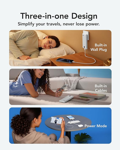 VRURC Portable Charger with Wall Plug, 10000mAh Slim Portable Charger Built in Cables,PD 20W Fast Charging Power Bank with Cords,USB C Portable Phone Charger Travel Accessories -White(1 Pack)