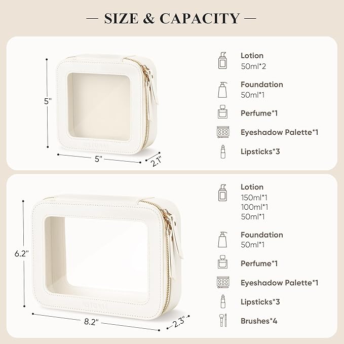 Clear Makeup Bag, Travel Toiletry Bag Cosmetic Case for Women, Waterproof Portable Make Up Skincare Pouch with Zipper, Compact Car Organizer Bag for Essentials, Medium Size, Ivory White