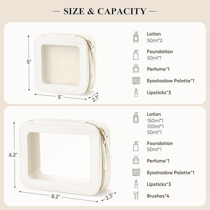Clear Makeup Bag, Travel Toiletry Bag Cosmetic Case for Women, Waterproof Portable Make Up Skincare Pouch with Zipper, Compact Car Organizer Bag for Essentials, Mini & Medium, Ivory White