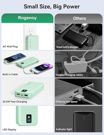 Portable Charger, 12000mAh 22.5W Fast Charging Power Bank with Built-in Cables & Wall Plug, Travel Essentials Battery Pack with LED Display, USB C External Battery Bank for iPhone iPad, Samsung Green