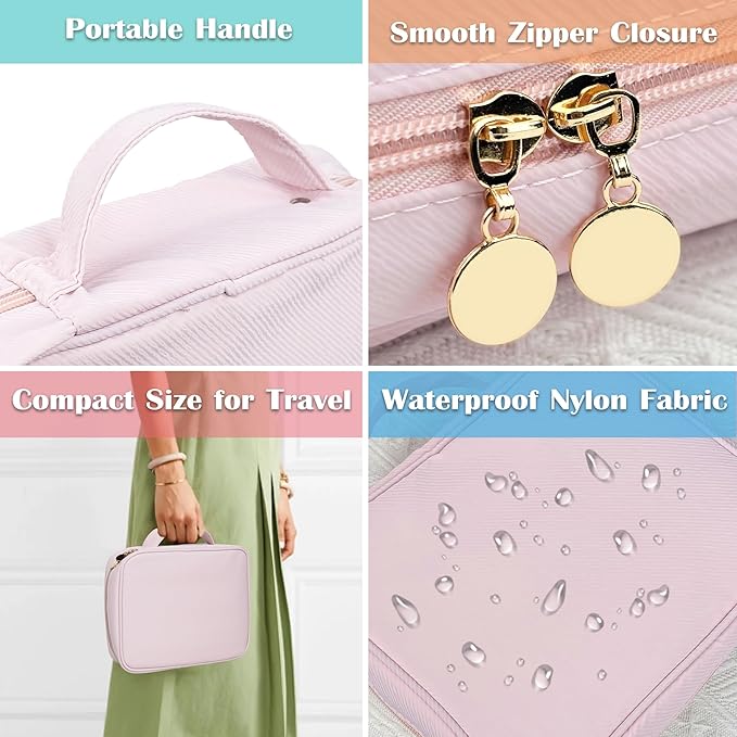 Travel Jewelry Organizer Case,Small Jewelry Bags for Traveling, Jewelry Binder with 24 Pcs Clear Zipper Velvet Pouches (Pink)