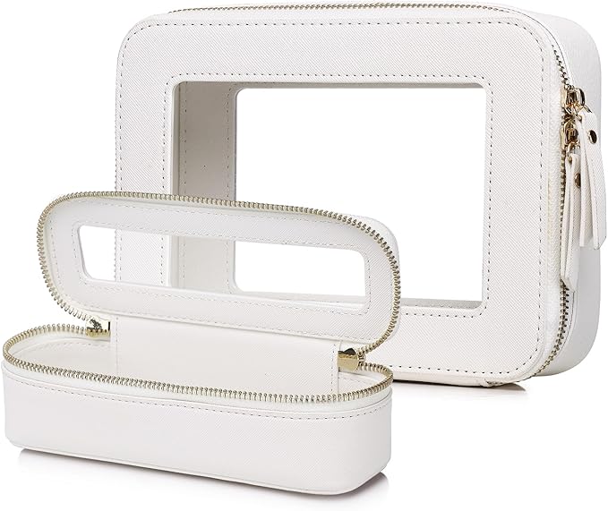 Pinkmik Travel Clear Makeup Bag with Brush Case TSA Approved Toiletry Bag Waterproof Cosmetic Organizer with Zipper Car Essential for Women (White, M+SLIM)
