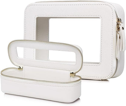 Pinkmik Travel Clear Makeup Bag with Brush Case TSA Approved Toiletry Bag Waterproof Cosmetic Organizer with Zipper Car Essential for Women (White, M+SLIM)