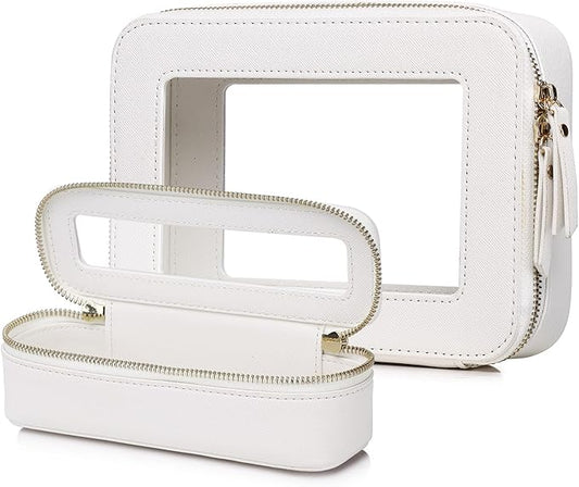 Pinkmik Travel Clear Makeup Bag with Brush Case TSA Approved Toiletry Bag Waterproof Cosmetic Organizer with Zipper Car Essential for Women (White, M+SLIM)