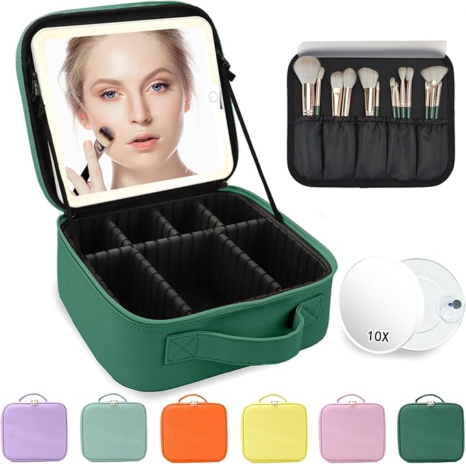 Travel Makeup Bag,with Mirror 3 Color Setting and Detachable 10x Magnifying Mirror Travel Makeup Bag,Portable Storage and Adjustable Dividers（Dark green）
