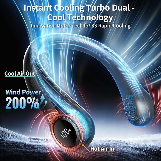 Portable Neck Fan with 6000mAh USB - Rechargeable Battery, Ultra-Light Bladeless Neck Fan LED Display, 360° Cooling Wearable Fan, 3 Speeds (Black)