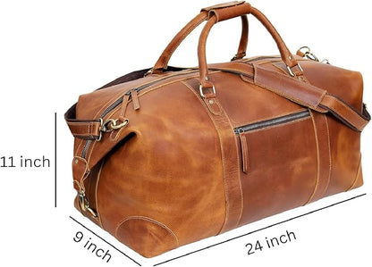 24 Inch Genuine Buffalo Leather Travel Duffle Bag, Overnight Weekend Leather Bag Sports Gym Duffel for Men, Airplane Under Seat Carry on Bags (Tan)