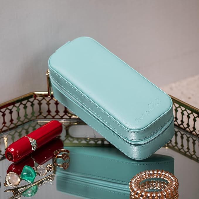 BONNY DODO Small Travel Jewelry Organizers Box for women with PU Leather Portable Mini Jewelry Case with compartments for Necklace Rings Earrings,Luxury Giftable boxes. (Lake Blue, S)