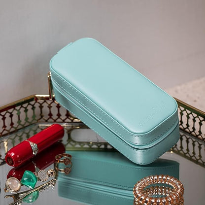 BONNY DODO Small Travel Jewelry Organizers Box for women with PU Leather Portable Mini Jewelry Case with compartments for Necklace Rings Earrings,Luxury Giftable boxes. (Lake Blue, S)