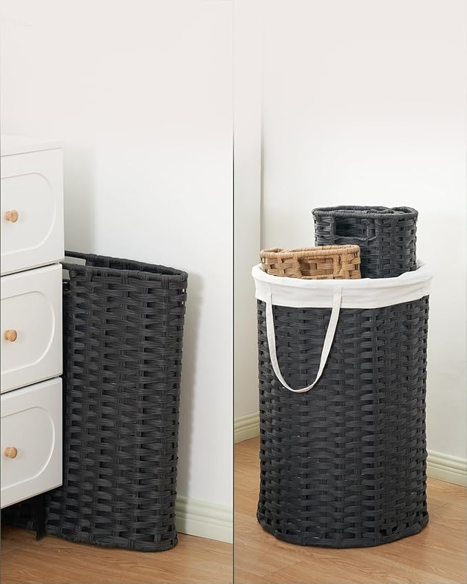Laundry Hamper with Lid Laundry Basket with Lid 19.0 Gal (72 L) Round Wicker Laundry Basket Handwoven Rattan Basket with Lid Removable Bag 2 Mesh Bags Handles for Living Room Bathroom Black