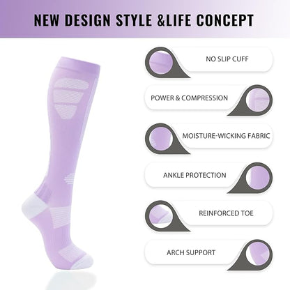 fenglaoda Compression Socks Women Men 6 Pairs, Knee High Best Support Circulation Socks for Running, Travel, Flight, Nurse