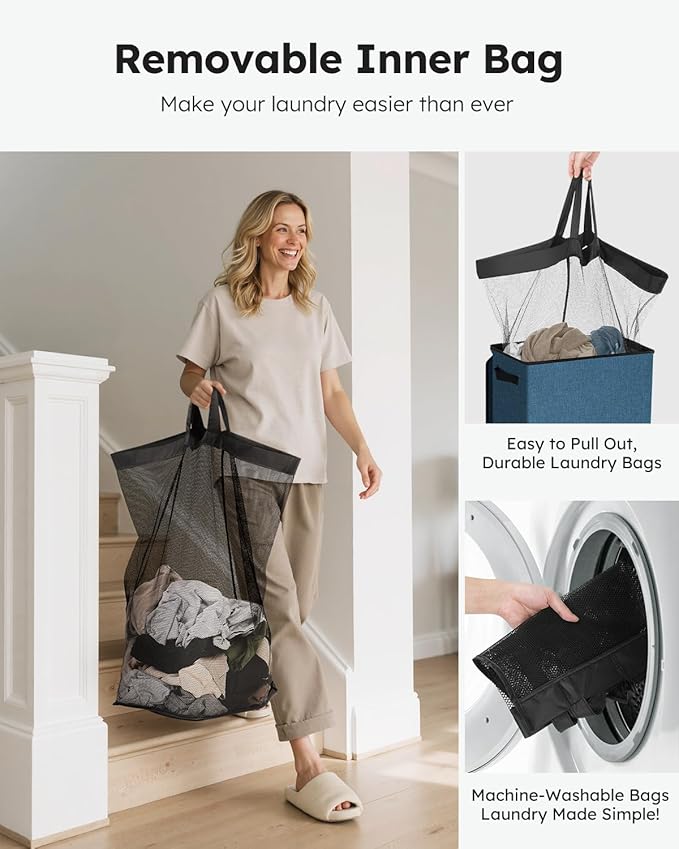 SOLEDI Laundry Hamper with Lid 90L Large & Tall Collapsible Laundry Basket, Clothes Hamper with Bag Removable Easy to Carry, Dirty Hampers for Bedroom, Bathroom, Dorm, College, Blue