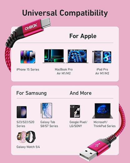 USB C Cable Fast Charging 10FT 2Pack, Long USB A to USB C Cable for Car, Durable Braided USB to USB Type C Cord iPhone USBC Charger for iPhone 17/16/15/Pro Max, Samsung Galaxy S23 and More-Rose