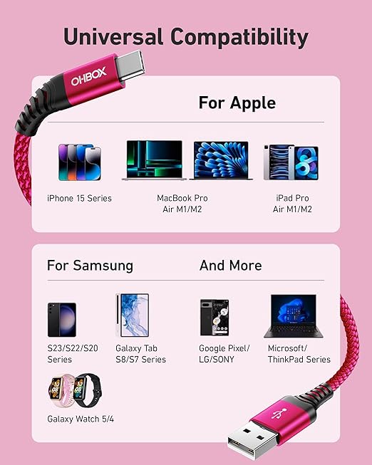 USB to USB C Cable 60W Fast Charging [2 Pack 6FT], USB A to USB C Cable for CarPlay, Durable Braided USB Type C iPhone Charger USBC Cord for iPhone 17/16/15/Pro Max, Samsung Galaxy S23 and More-Rose
