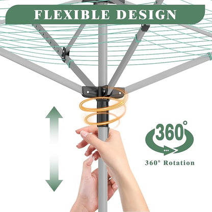 Outdoor Umbrella Drying Rack 165 Feet Umbrella Clothesline with 12 Lines Rotary Drying Rack Adjustable Height 4-Arm Foldable Clothes Drying Rack with Protective Cover for Backyard- Green