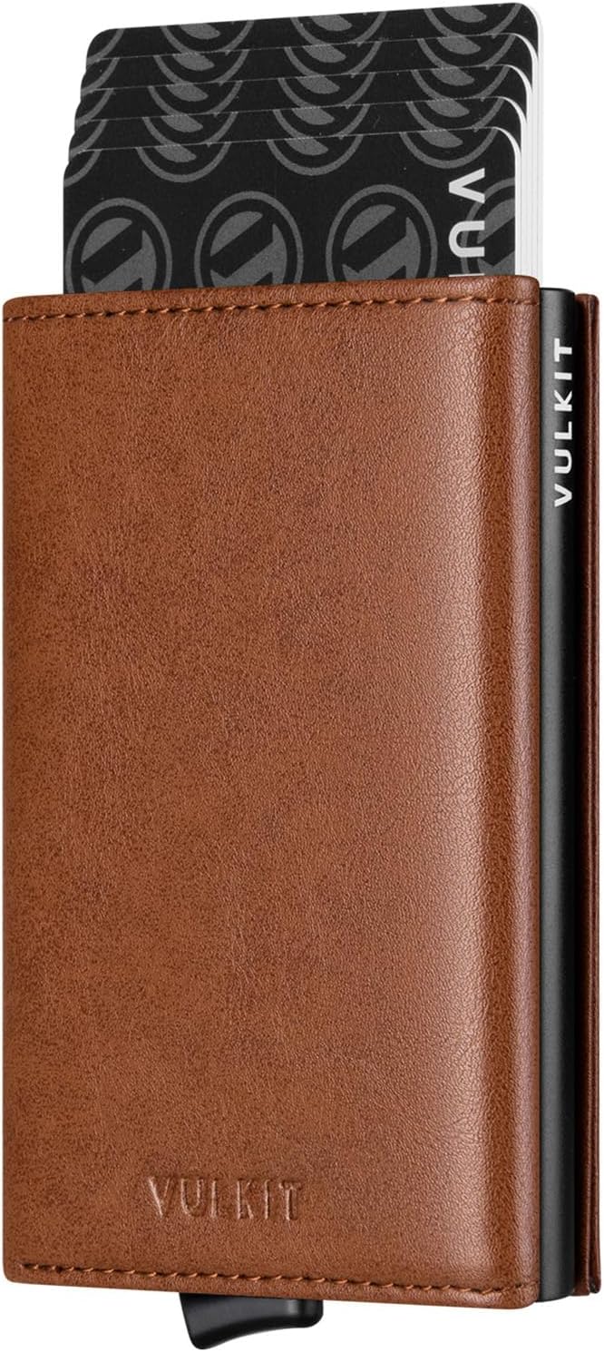 VULKIT Pop up Card Wallet Minimalist Cash Wallets RFID Blocking Leather Smart Credit Card Holder with ID window for Men(Brown)