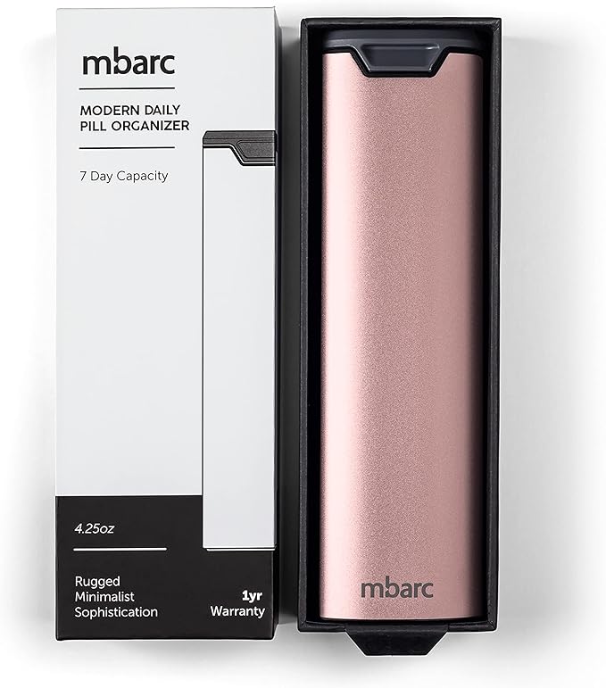 7 Day Weekly Pill Organizer by mbarc - Premium Stylish Aluminum and Wood Large Capacity Pill Box for Supplements, Pills, Vitamins and Medicine.