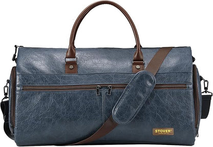 STOVER Garment Travel Duffle Bag, Large 2-in-1 Convertible Carry-on Luggage for Men & Women- Hanging Suits, Dresses & Clothes + Shoe Compartment- Weekender Tote Combo Duffel (Blue Leatherette)