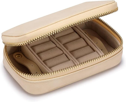 HISCOW Vegan Leather Travel Jewelry Case with Zipper - Portable Necklace & Earring Holder Organizer for Women Girls, Velvet-Lined Ring Box with Anti-Tarnish Design, Cream