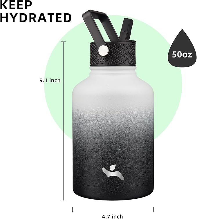 Insulated Water Bottle with Straw,50 oz 3 Lids Water Jug with Carrying Bag,Paracord Handle,Double Wall Vacuum Stainless Steel Metal Flask,Day Night