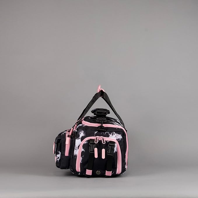 WOLFpak 20L Mini Duffle Bag for Gym & Travel | Waterproof Carry-On Weekender Bag with Shoe Compartment, Hard Bottom, and Tactical Molle System (Black Lightning Knockout Pink)