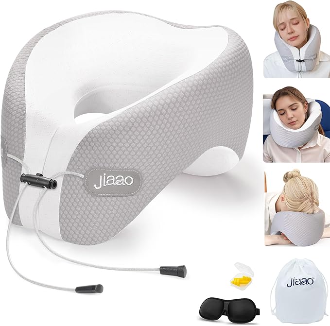 jiaao Neck Pillow Airplane, 2025 Upgraded Memory Foam Travel Pillow for International Flights, Adjustable Clasp, Storage Bag, Advanced Neck Support for Road Trips, Home, Office, and Gaming