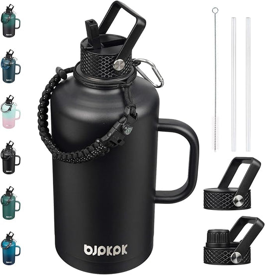 BJPKPK 2/3 Gallon Water Bottle Insulated with Straw Lid, 50oz, 64oz, 87oz, 128oz Large, Stainless Steel Water Bottles with 3 Lids and Paracord Strap, Double Wall Vacuum Metal Water Jug,Black