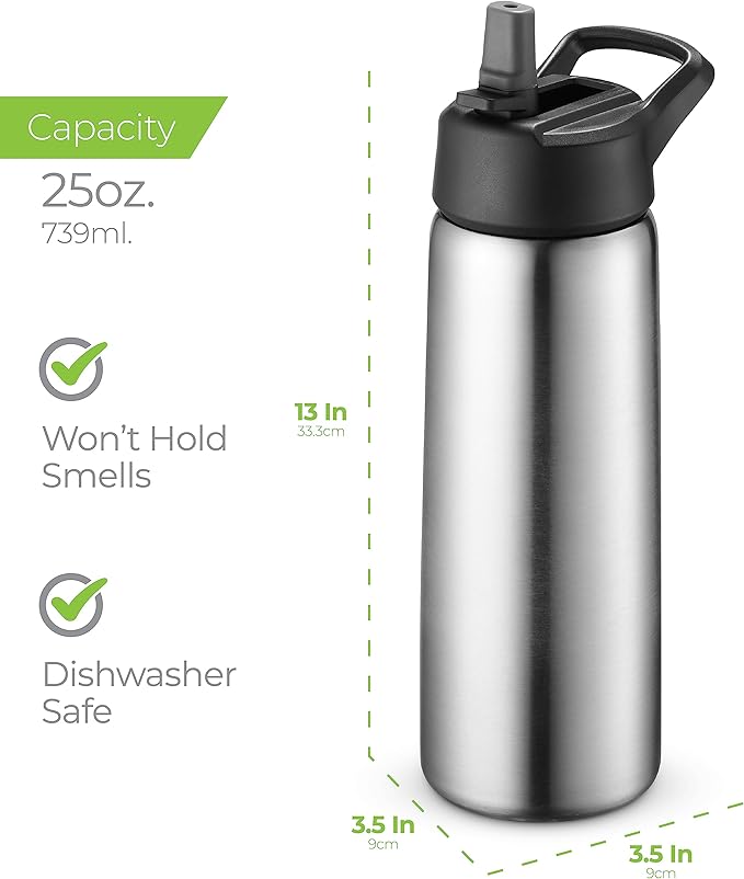 SipX™ 25oz Insulated Water Bottle with 3 Lids – Leakproof Stainless Steel, Triple Insulated – Cold 24 Hours/Hot 12 Hours – Durable Bottle for School, Gym, Travel – Stainless