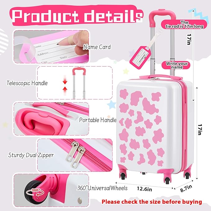 Redbaker 6 Pcs Kids Luggage Set 17 Inch Kids Rolling Luggage Double Pattern Suitcase for Girls Boys School Gift(Pink and White, 17 Inch, Cow Point Style)