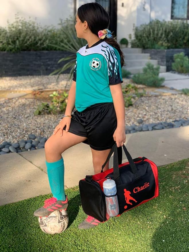 KishKesh Personalized Kids Sports Duffel Bag – Ideal for Hockey, Gym, Travel, Training & Workout – Durable, Costumizable Name & Text – Red, 18" x 10" x 8"