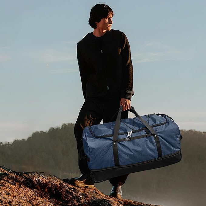 Vomgomfom Wheeled Collapsible Duffel Bag,110L-140L Expandable Checked Luggage, No-Telescopic-Handle with Anti-Burst Zipper & Reinforced Frame,Navy