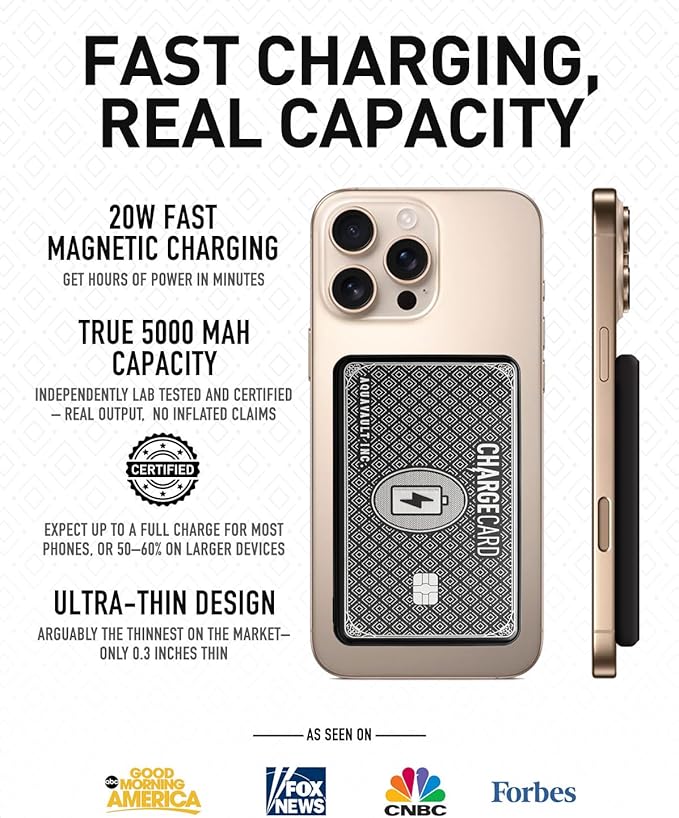 AquaVault Chargecard Magsafe Portable Charger 5000mAh 20W Fast Charge - Magnetic Power Bank, Ultra-Slim Battery Pack Compatible with iPhone 16 15 14 13 12 Series (Black)