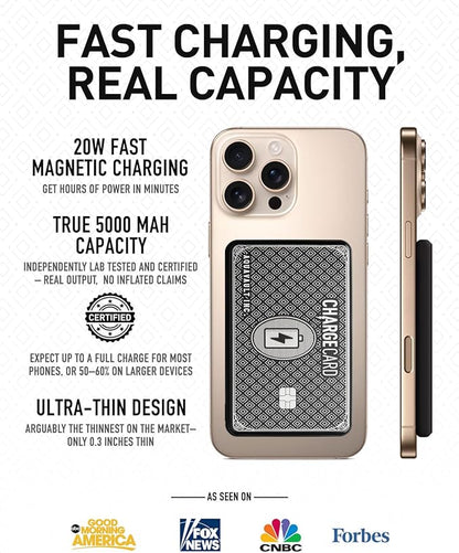 AquaVault Chargecard Magsafe Portable Charger 5000mAh 20W Fast Charge - Magnetic Power Bank, Ultra-Slim Battery Pack Compatible with iPhone 16 15 14 13 12 Series (Black)