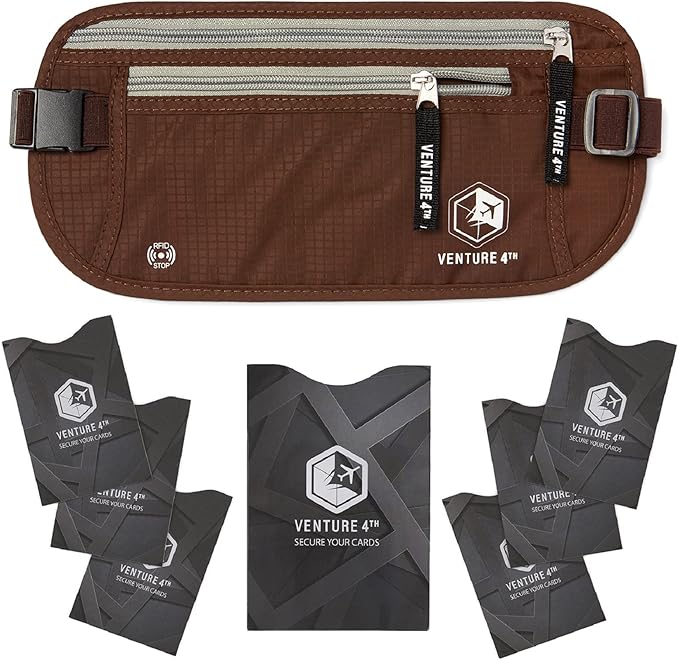 VENTURE 4TH Slim Minimalist Design RFID Money Belt with RFID Blocking Sleeves, for Men and Women – Ideal for Keeping Your Cash, Credit Card, Passport, Phone Secure When Traveling - Brown