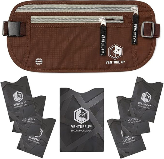 VENTURE 4TH Slim Minimalist Design RFID Money Belt with RFID Blocking Sleeves, for Men and Women – Ideal for Keeping Your Cash, Credit Card, Passport, Phone Secure When Traveling - Brown