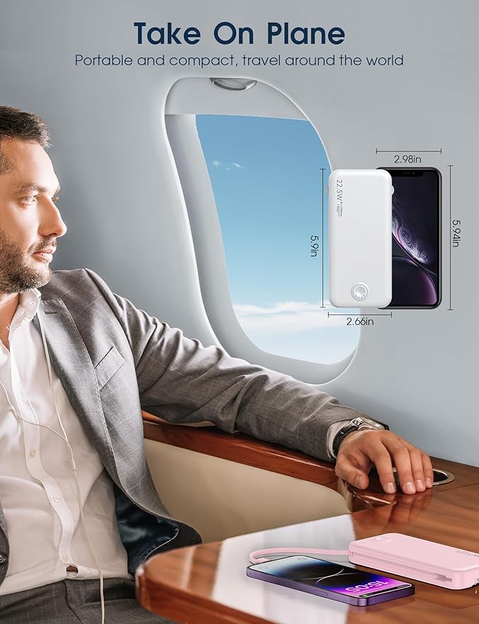 22.5W Super Fast Charging Portable Charger with Wall Plug,12000mAh USB-C Power Bank Built-in 2 Cable, Lightweight Phone Charger Travel Battery Pack for All iPhone, Samsung, Tablets