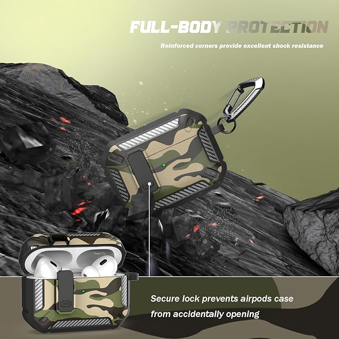 RFUNGUANGO for AirPods Pro 2nd Generation Case Cover with Cleaner Kit, Military Hard Shell Protective Armor with Lock for AirPod Gen 2 Charging Case 2022, Front LED Visible,Black Camou