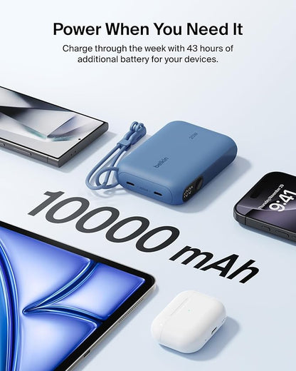 Belkin Portable Charger, Slim USB-C Power Bank 10,000mAh w/ 2 USB-C Ports, Digital Battery Display, 20W Charging Battery Pack - iPhone 17, Air, Pro, Samsung Galaxy S25, Pixel 10, iPad, & More - Blue