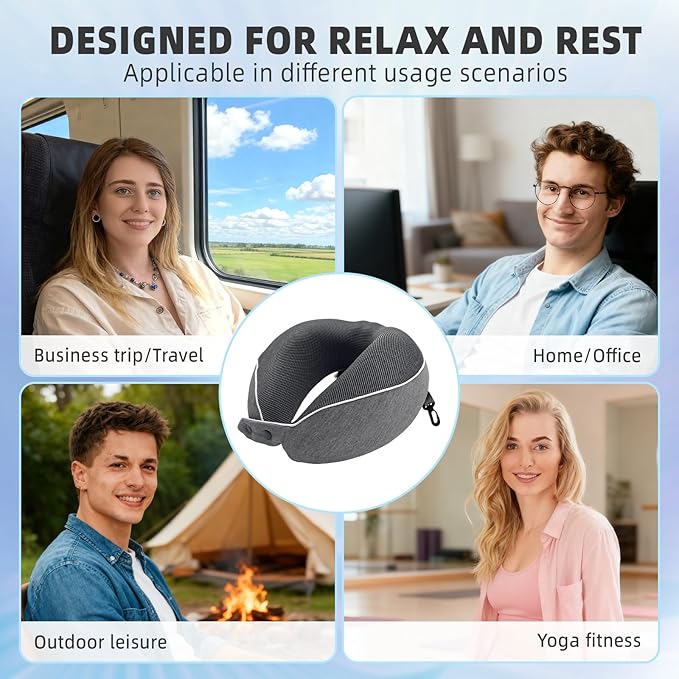 Memory Foam Travel Neck Pillow for Airplane, 360° Ergonomic Support Neck Pillow for Sleeping on Long Flights, Cars, Trains & Office, Compact & Portable with Storage Bag (Gray)