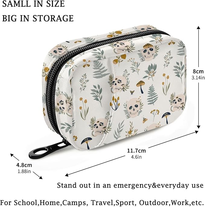 Fustylead Plants Mushrooms Skulls Travel Pill Case Bag with Zipper Weekly Pill Box 8 Compartments 7 Day Personal Pill Case Purse Medicine Case Organizer