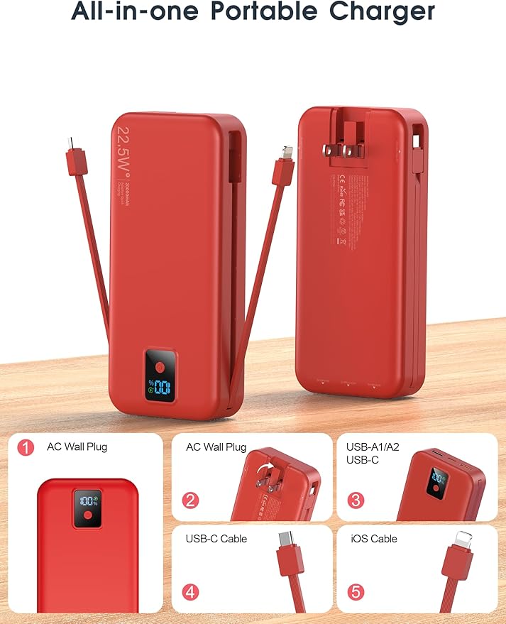 Portable Charger, 20000mAh 22.5W Fast Charging Power Bank with Built-in Cables & Wall Plug, Travel Essentials Battery Pack with LED Display, USB C External Battery Bank for iPhone iPad, Samsung Red