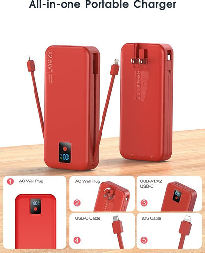 Portable Charger, 20000mAh 22.5W Fast Charging Power Bank with Built-in Cables & Wall Plug, Travel Essentials Battery Pack with LED Display, USB C External Battery Bank for iPhone iPad, Samsung Red