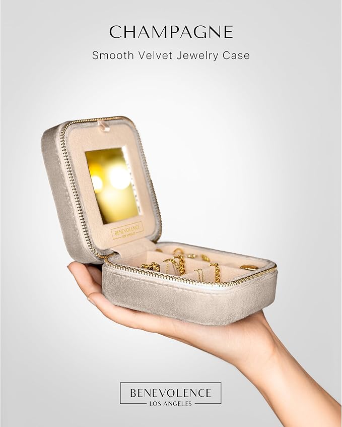 Benevolence LA Plush Velvet Jewelry Box | Travel Jewelry Case Organizer with Mirror | Featured in Oprah's Favorite Things | Best Gifts For Daughter, Girlfriend, Mom | Gifts For Her - Champagne