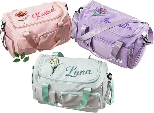 callie Personalized Waterproof Duffel Bag with Shoulder Strap, Custom Birth Flower and Name on Cute Gym Bag, Multi-Compartment Duffel Bags, Sports Bag for Women, Birthday Gift for Women