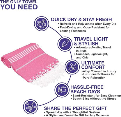 Turkish Beach Towels, Pack of 2 | Oversized, Quick Dry, Sand Free | 100% Cotton, Large 38x71 Towels for Beach, Pool, Travel | Ultra-Soft, Compact, and Absorbent | Fuchsia