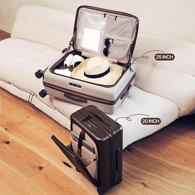 NINETYGO Carry On Luggage 22x14x9 Airline Approved, 20 Inch Suitcase with Front Compartment & Cup Holder, Coffee-Infused PC Hard Shell, Eco-Friendly, TSA Lock, 360° Spinner Wheels (Latte)